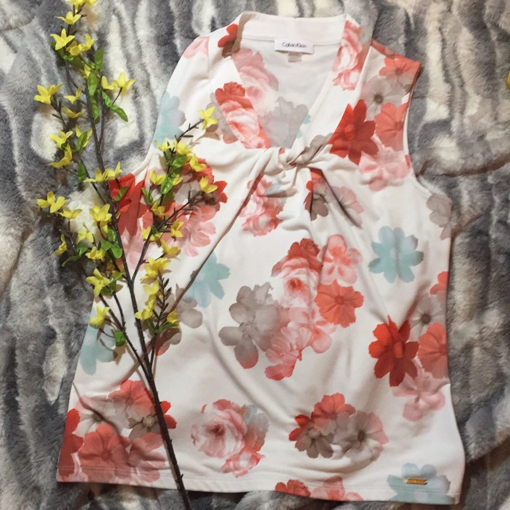 Calvin Klein knot front red & blue watercolor top